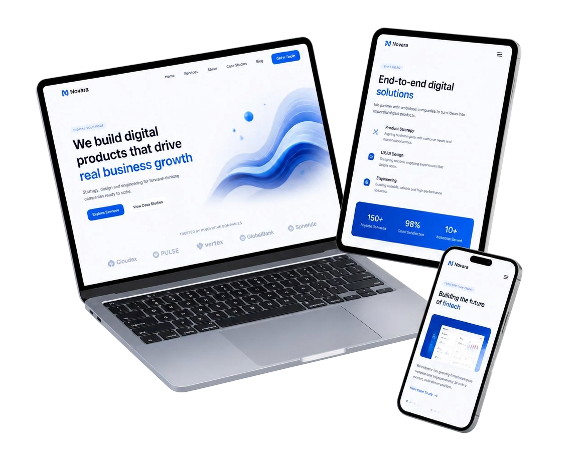 Notebook, tablet e smartphone exibindo sites modernos criados pela NEXBUY